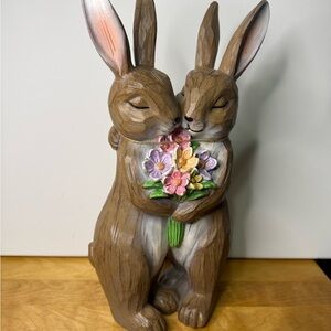 Primrose Vintage Bunny Couple Figurine Woodland Rabbits Holding Flowers NWT 13”
